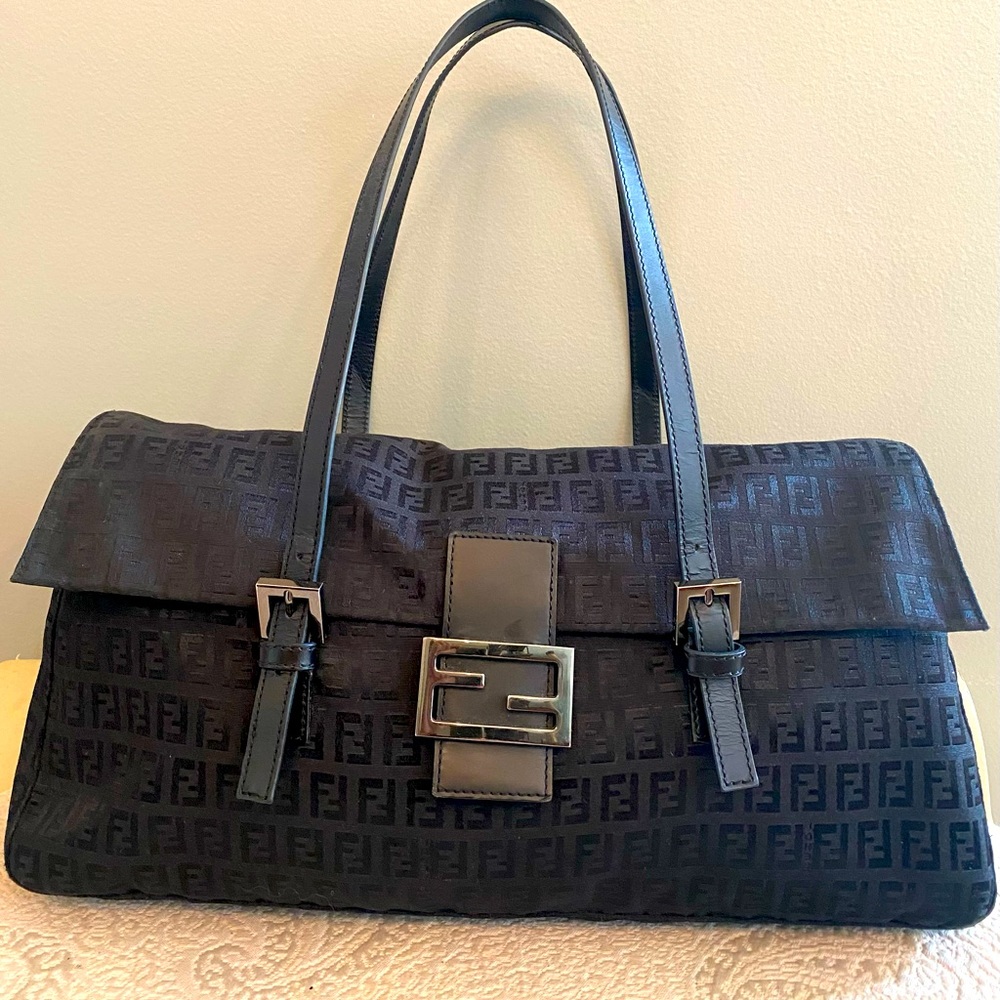 Vintage Fendi Black Zucchino Canvas Shoulder Bag